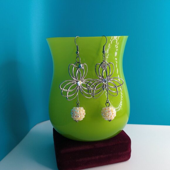 Silver floral with white shiny disco ball crystal dangle earrings - Picture 2 of 7
